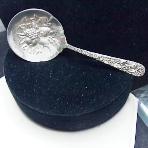 S.Kirk& Son Sterling Silver Repousse 5 inch Berry Spoon w/ Floral/Fruit Design