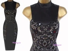 KAREN MILLEN ✩ STUNNING BLACK SATIN JEWEL EMBELLISHED COCKTAIL PENCIL DRESS UK10