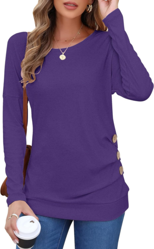 Women'S Casual Long Sleeve round Neck Loose Tunic T Shirt Blouse Tops