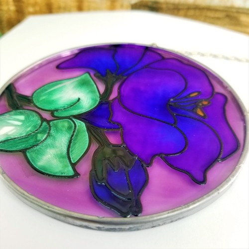 Suncatcher Violet Purple Flowers Handmade Art Glass Window Silver Bay Creations - Picture 6 of 6