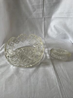 VINTAGE geschliffenes Glas Obst/Punschschale & Deckel Schmuck/Zuckerdose ÜBERBACKENER RAND