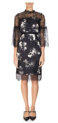 ERDEM KIYA LACE-Trim 3/4 Sleeve BLACK AND WHITE FLORAL LACE BELL MIDI US Sz  2 | eBay
