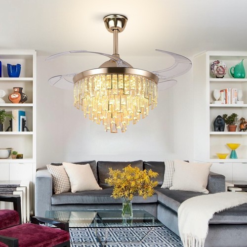 42" Crystal Chandelier Invisible Ceiling Fan 3 Speeds 3 Color LED Light w/Remote - Picture 5 of 31