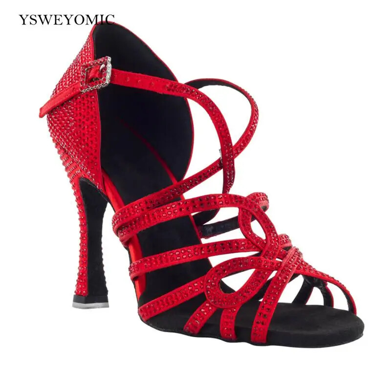 Red Satin Crystal Suede Outsole Women Latin Dance Shoes Indoor Dance High Heel