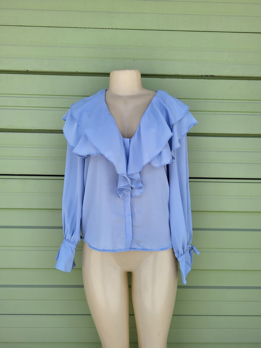 ZARA BLUE Women FLOWING TOP WITH TIE DETAIL Ruffled LONG Sleeve