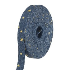 2/5" Denim Ribbon, Total 5.5 Yard Jean Craft Gold Tone Star Strip, Dark Blue