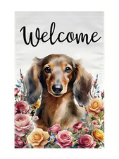 NEW Dachshund Doxie Dog Decorative Floral Welcome Garden Flag 11.5x18 in. beige