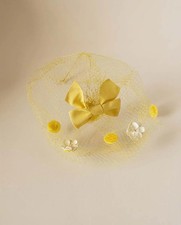 1950s Yellow Veil Hat Bow Fascinator Floral Netting Headpiece Vintage Pillbox