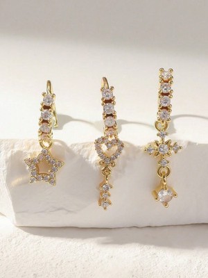 3pcs/Set Luxury Copper Material Long Heart & Cross Pierced Nose Rings