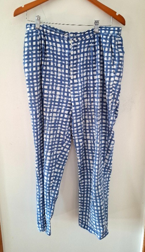 GORMAN ORGANIC BLUE & WHITE CHECK SEERSUCKER COTTON PANTS.  12
