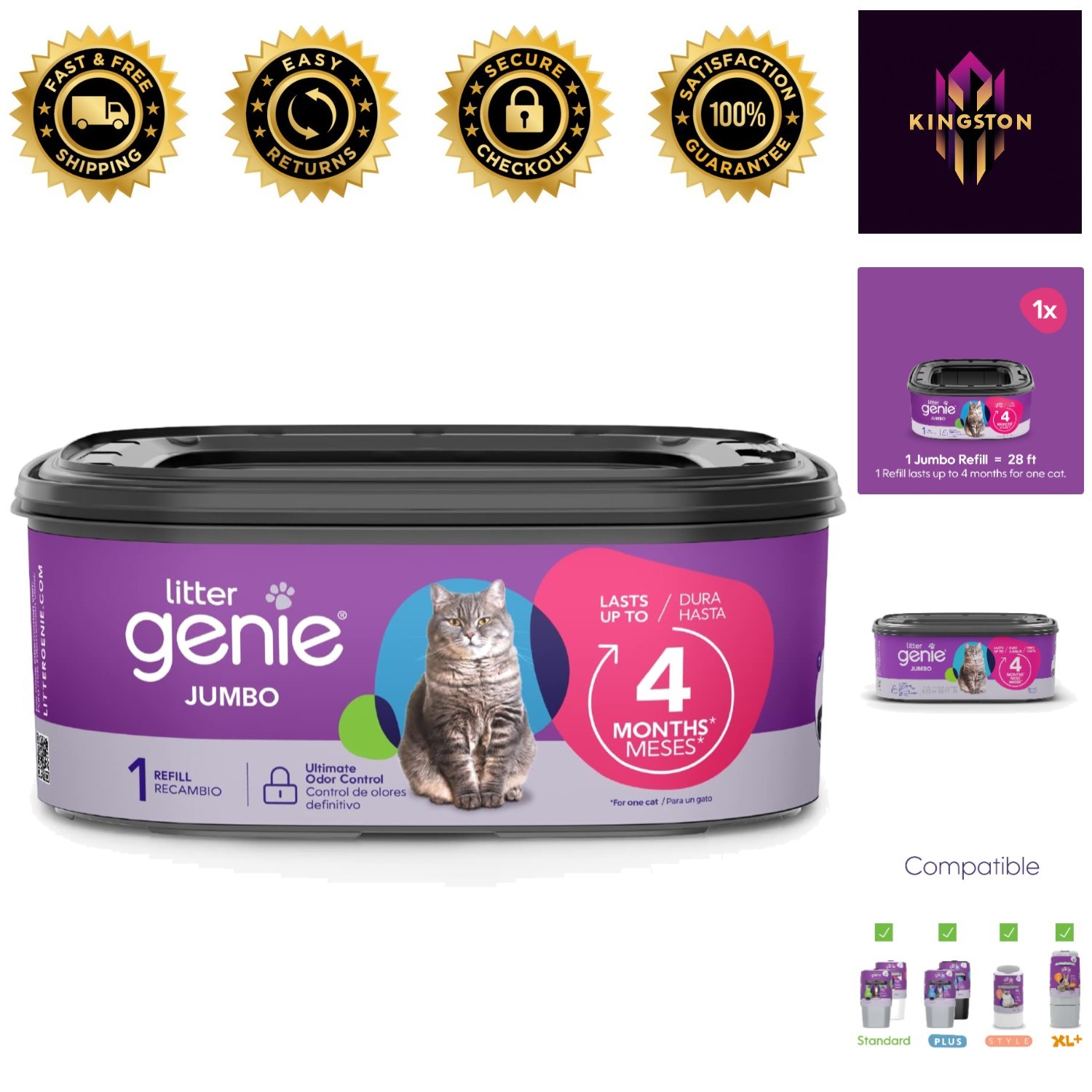 1-Pack Jumbo Cat Litter Refill - 28ft with Advanced Odor Con