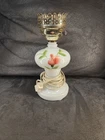 Vintage Milk Glass Hurricane Lamp Hand Painted Pink Rose Floral Table Light 10"