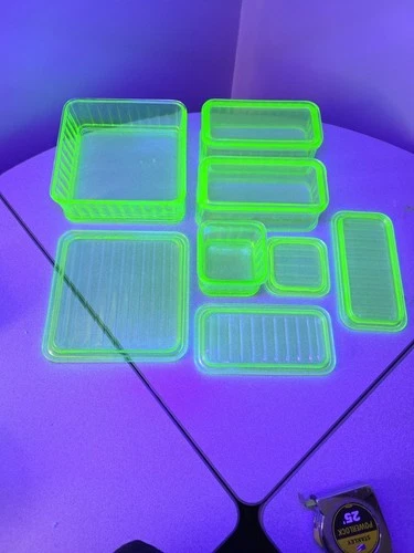 Vtg 4 piece Uranium Depression Glass Refrigerator Dish Set