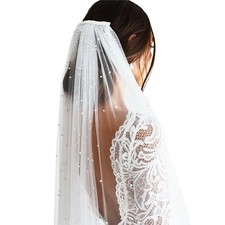 White Pearl Bride Veil Long Bridal Pearl Veils with Hair Comb Wedding Accesso...