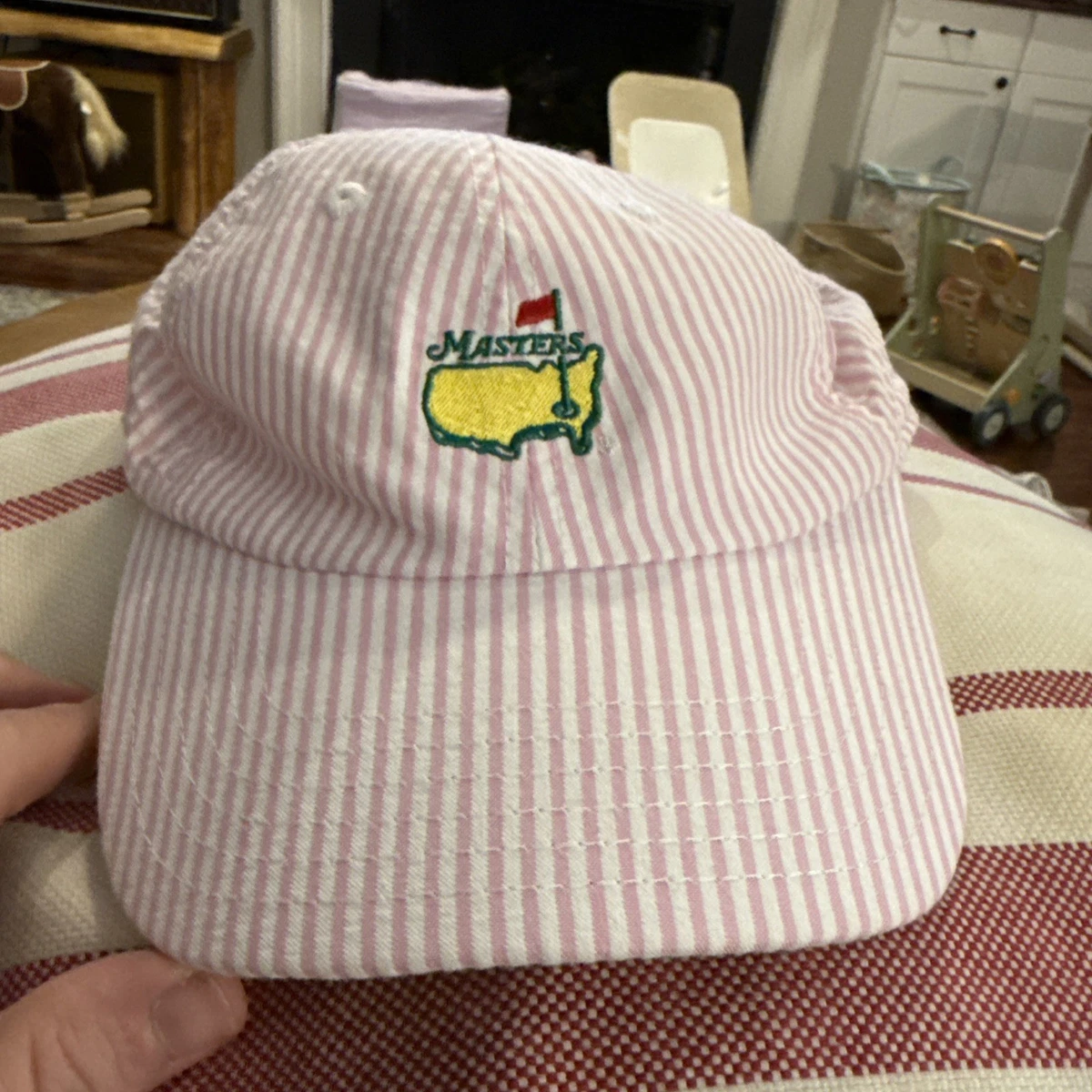Ladies pin stripe seersucker pink white hat w/ Pink America Masters Logo last 1! Masters Ladies Fit Light Pink Caddy Slouch Hat | Masters  main image 2