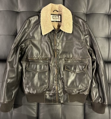Levi s Aviator Flight Jacket Vintage Brown Faux Leather Sherpa Bomber - Size L