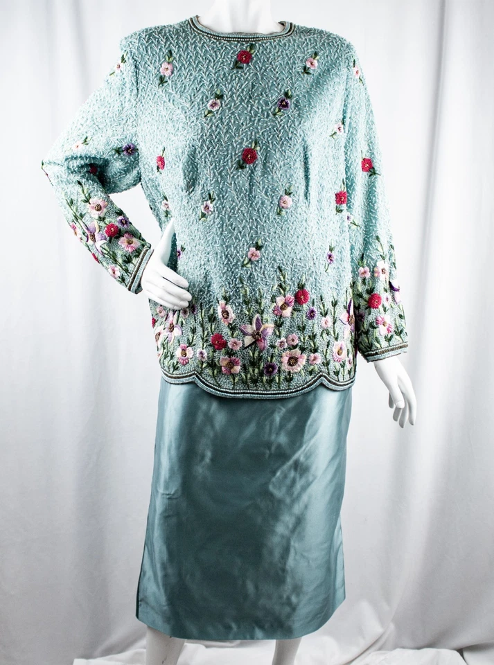 Terno feminino RICHILENE vintage verde água miçangas bordado floral tamanho 16, 18 - Imagem 4 de 4