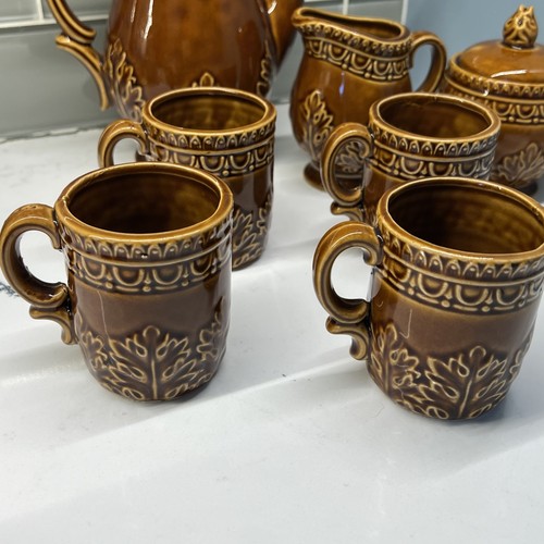 Vintage Norleans Japan Tea Set Brown Glazed Embossed Leaf Pattern - Picture 17 of 21