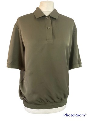 Theory Khaki Top Bluse Grün Seidenkragen Kurzarm Gummibund Polo L