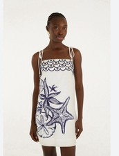 FARM RIO Coast Stars Mini Dress White Blue Linen Shells Size M NWT Beach Resort