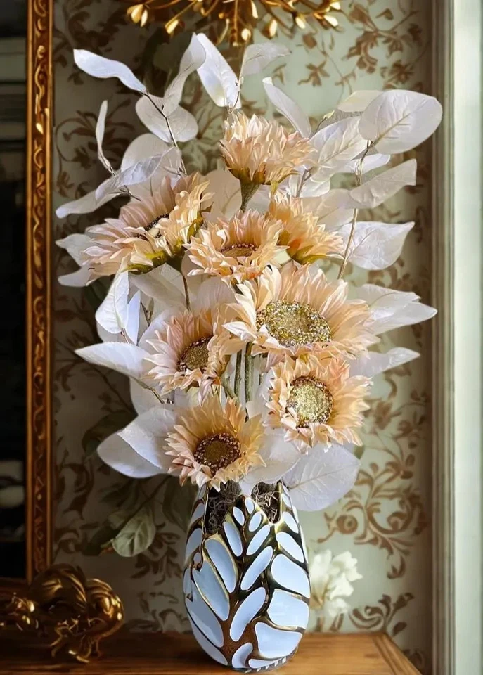 Girasoles Crema Elegante Centro de Mesa Elegante Oro Blanco Decoración del Hogar Salón Dormitorio Foto 2 de 4