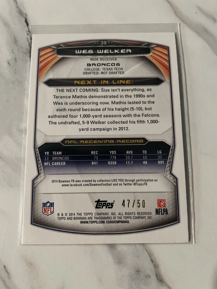 2014 Bowman - Orange #39 Wes Welker /50 Denver Broncos - Image 2 of 2