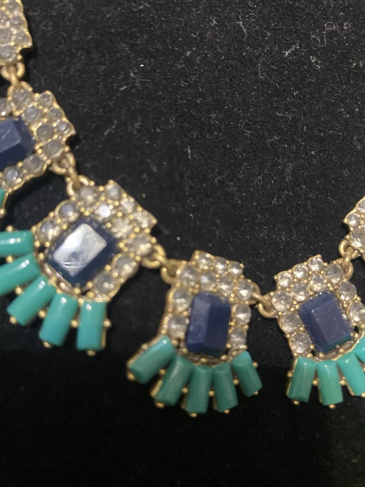 J.Crew заявление ожерелье зеленый синий Rhinenstone нагрудник коренастый золотистый цепочка 20» - Изображение 3 из 4