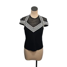 Milano di Moda Blouse Womens Medium Black Sheer Mesh Stripe Stretch Short Sleeve