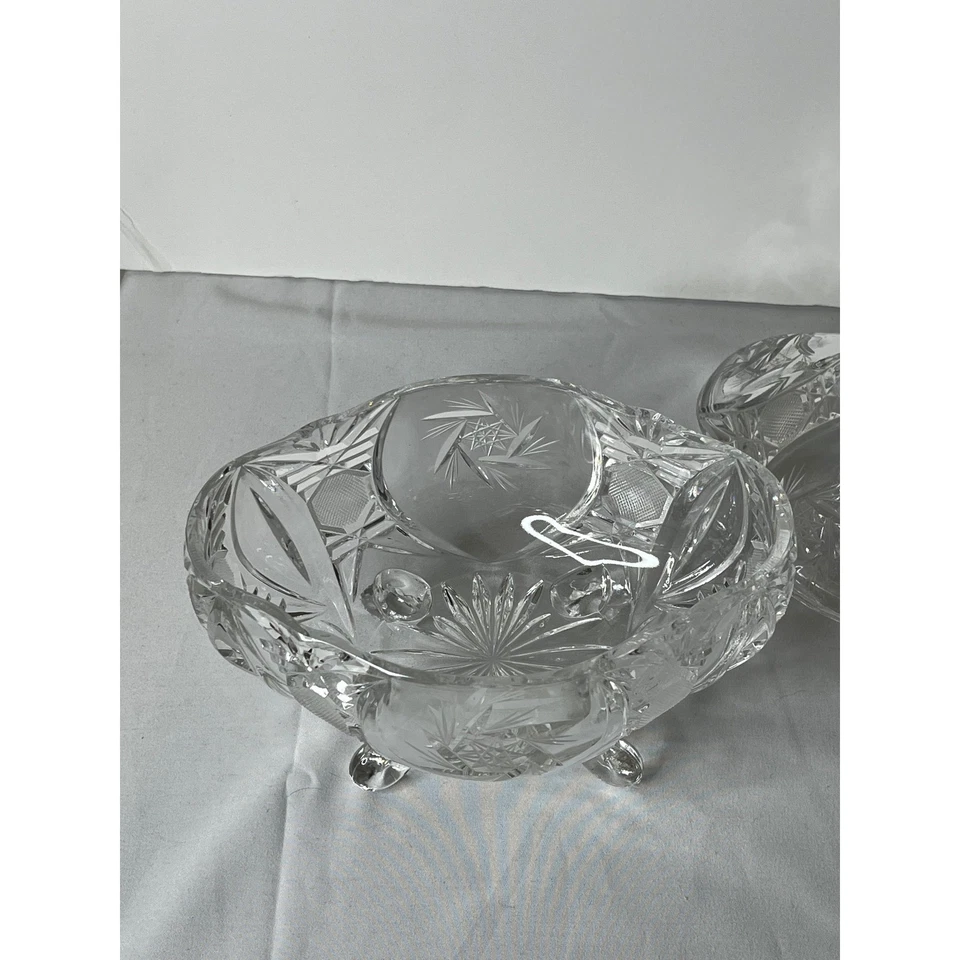 Plato de caramelo de cristal alto vintage con patas con tapa de vidrio cortado patrón Starburst pesado Foto 3 de 4