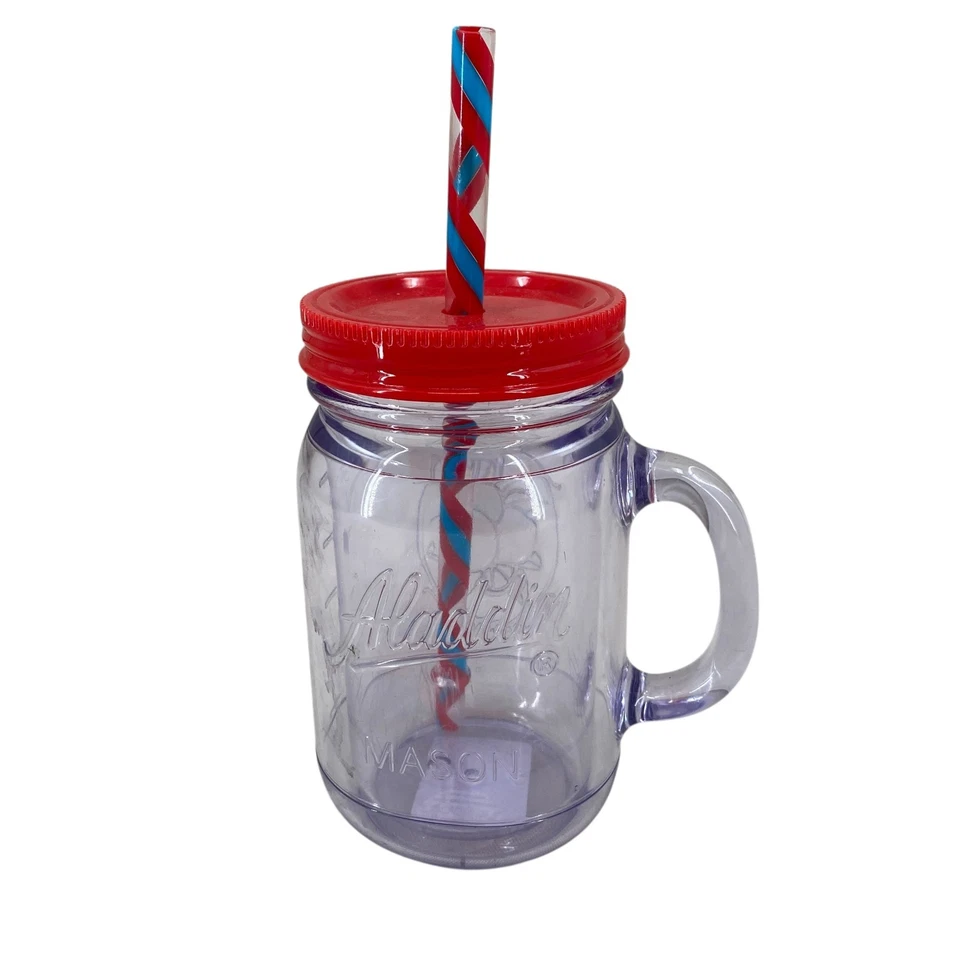 Aladdin Clear 16 oz Mason Jar Tumbler Travel Mug Red Blue Straw & Handle Red Lid - Image 3 of 4