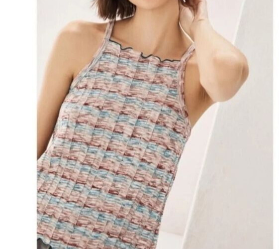 Anthropologie Akemi Kin Ribbed Knit Tank Top Shirt Large Striped Lettuce Edge