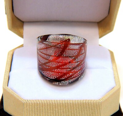 Boho Art Deco Fiery Red & Silver Foil Hand Blown Glass Bling Ring size 8.25