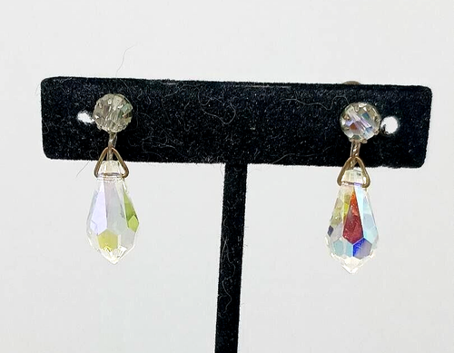 Faceted Crystal Pendant Screw-on Earrings, Vintage Aurora Borealis