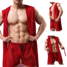 Accappatoio In Rete Vedente Sexy Da Uomo Con Cappuccio Kimono Pigiama Notturno
