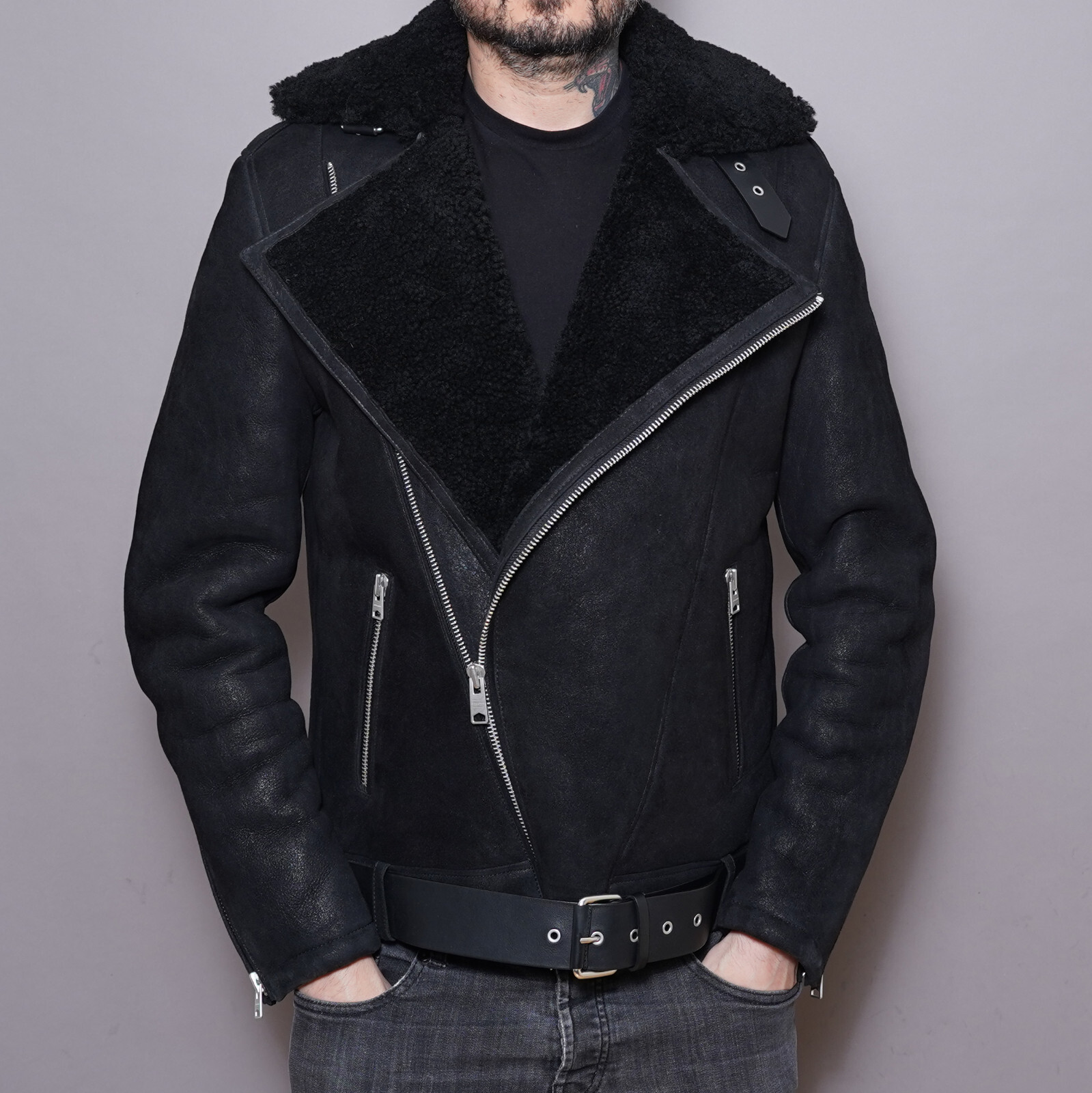 ALL SAINTS Shearling Leather Jacket XS Mens Sheepskin Black Biker Grail BYWARD