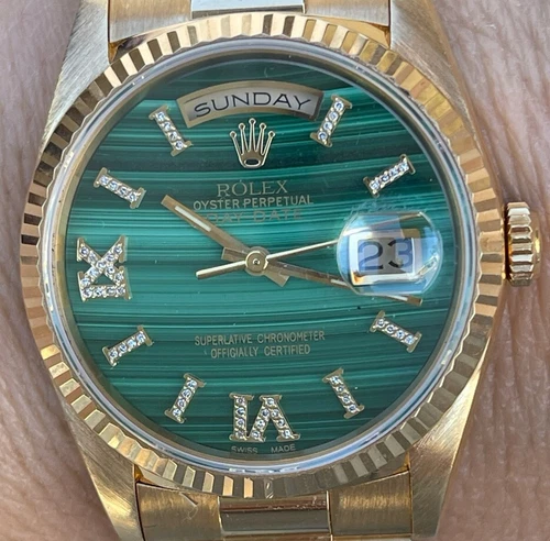 Rolex 36mm President Day-Date 18238 Unisex 18K Gold Malachite Diamond Dial Mint