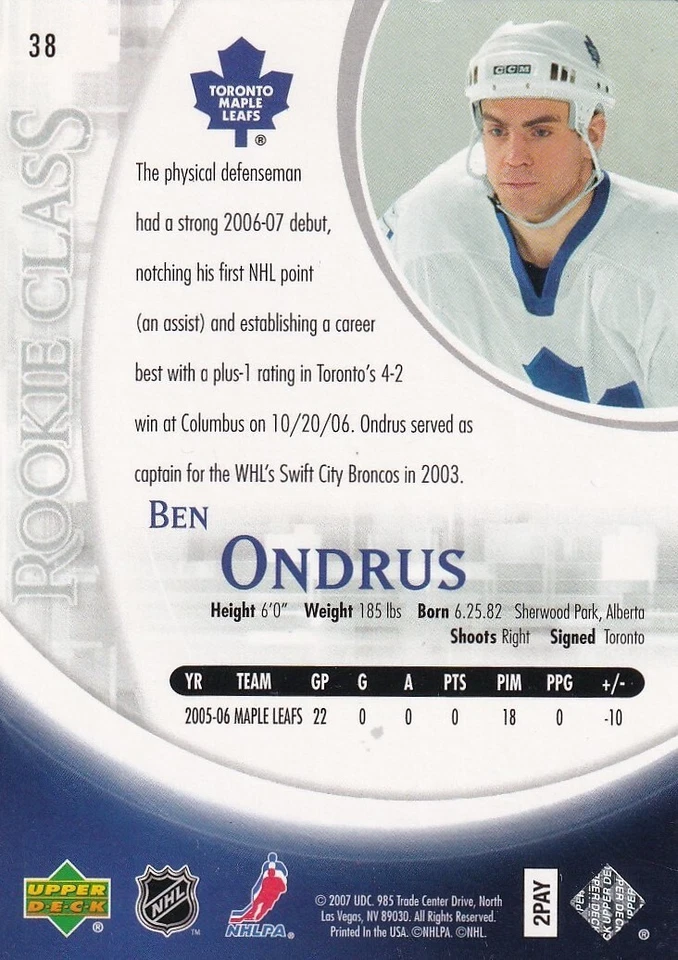 2007 Upper Deck Rookie Class Ben Ondrus Rookie Card No. 38 Toronto Maple Leafs - Image 2 of 2