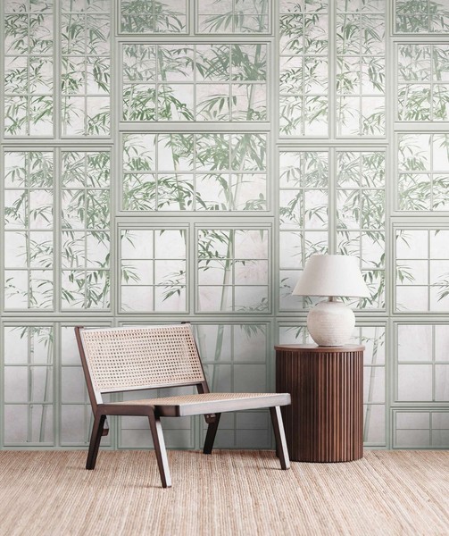Fototapete Vlies Fenster Wand Bambus 3D-Effekt Creme GrüN 39846-1 (5,61€/1Qm)-image