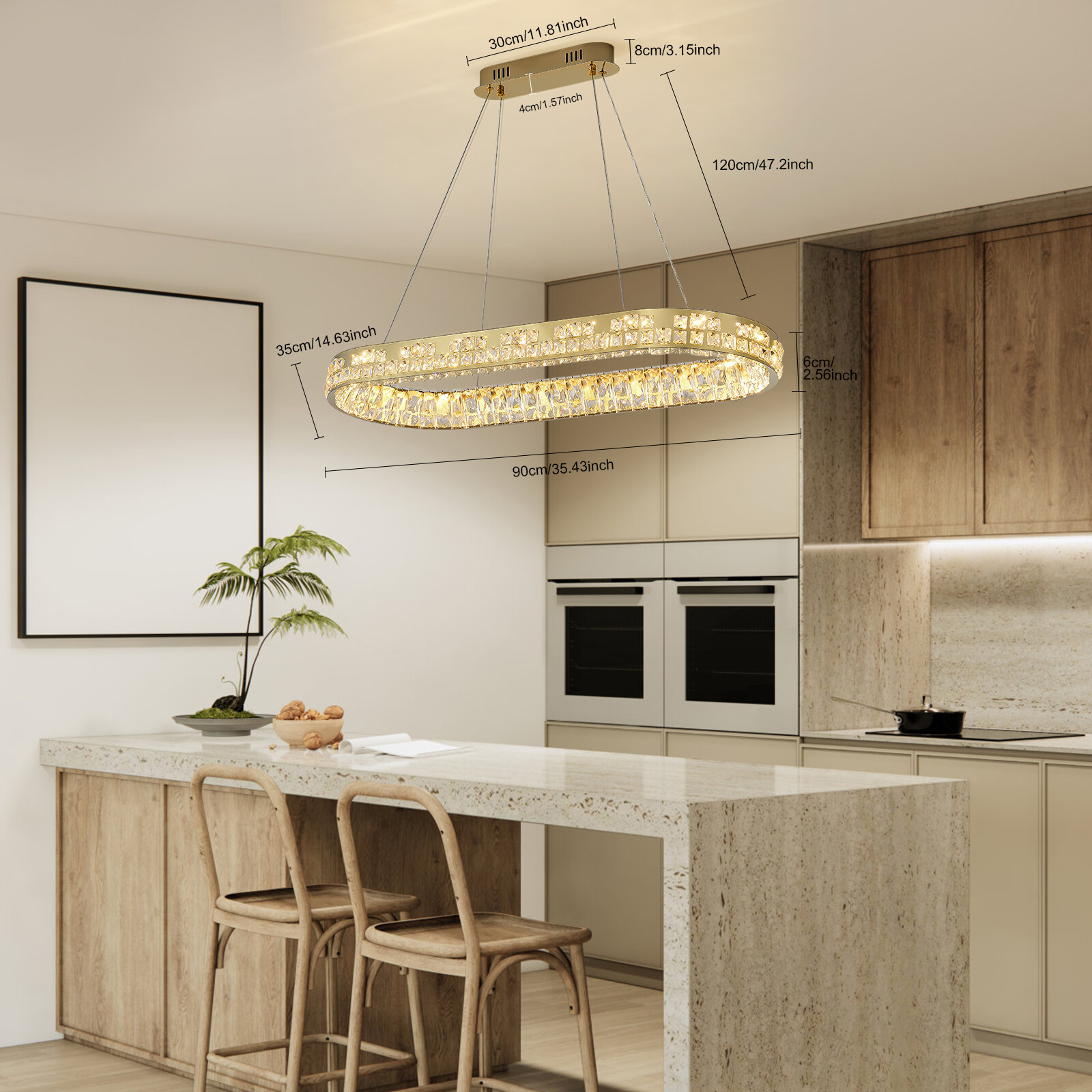 35.4'' Modern Oval Crystal Chandelier Dimmable Golden Ceiling Light Pendant Lamp