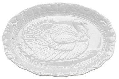 HIC Kitchen Oversized Turkey Embossed Serving Platter Fine White Porcelain 17.5''