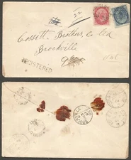 1901 Registered Cover 7c Numerals RPO Split Ring Smithfield Ont to Brockville