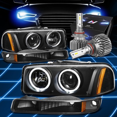 Fit 1999-2007 GMC Sierra 2X Halo Projector Headlight W/LED Kit Slim Style Black