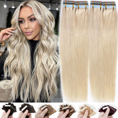 10-60 Stück Tape In Remy Echthaar Extensions Haarverlängerung Skin Weft Weft Icy