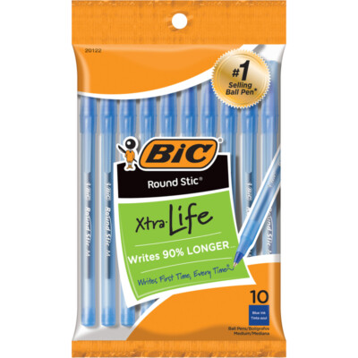 BIC Round Stic Xtra Life Ballpoint Pen, Medium Point (1.0mm), Blue, Pack of 10