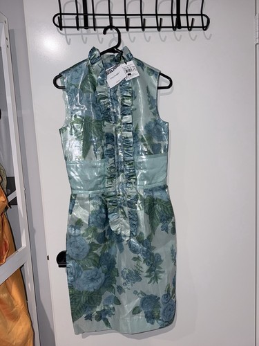 Moschino, Moschino Discontinue vintage Floral Satin Sheath Dress Ruffle Lined Size 40