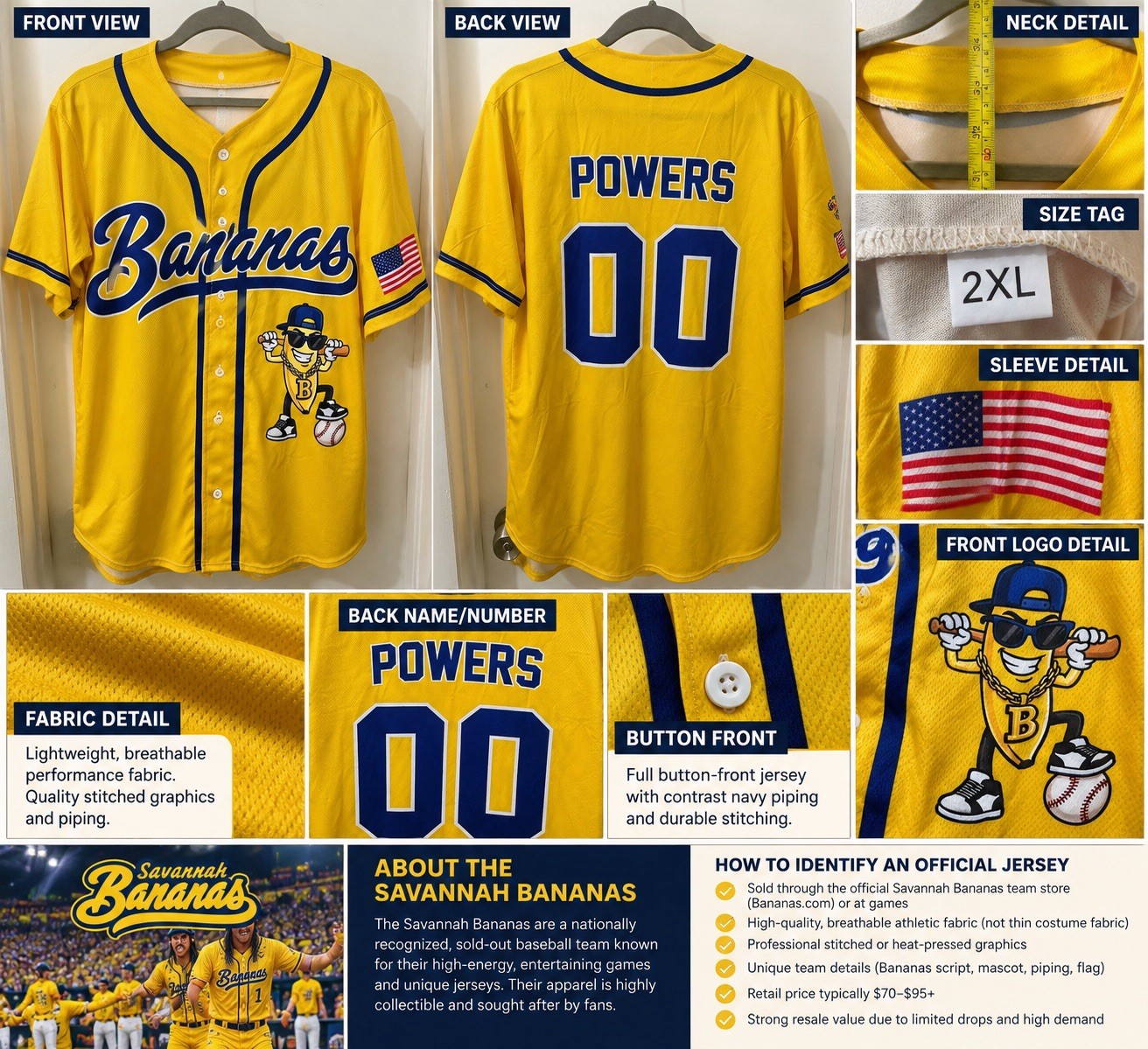 Yellow Shop Front Savannah Bananas Baseball Jersey 2XL Yellow Blue POWERS 00 Button Front ...
