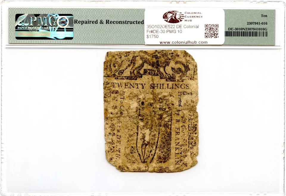 Delaware Colonial Note Fr#DE-30 February 28, 1746 20s PMG VG-10 *Ben Franklin* - Image 2 of 3