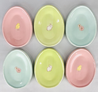 Easter Bunny Egg Plates Set of 6 Pink Blue Green Oval Ceramic Rare Collectible