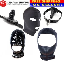 PU Leather Open Face Mask Hood Head Harness Mask open mouth plug gag Slave BDSM