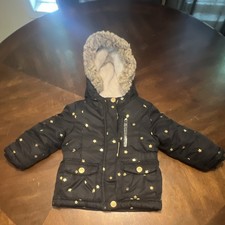 Cat Jack Girls 2T Hooded Puffer Jacket Faux Fur Trim Full Zip Black Gold Stars